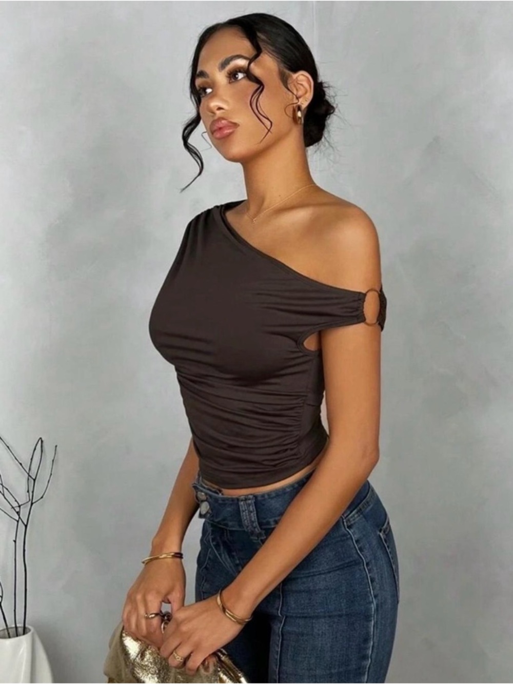One-Shoulder Ring-Detail Crop Top - Chocolate Brown